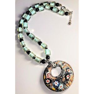 Venetian Glass Murano Blue Glass Beaded Necklace Millefiori Pendant 18KGP